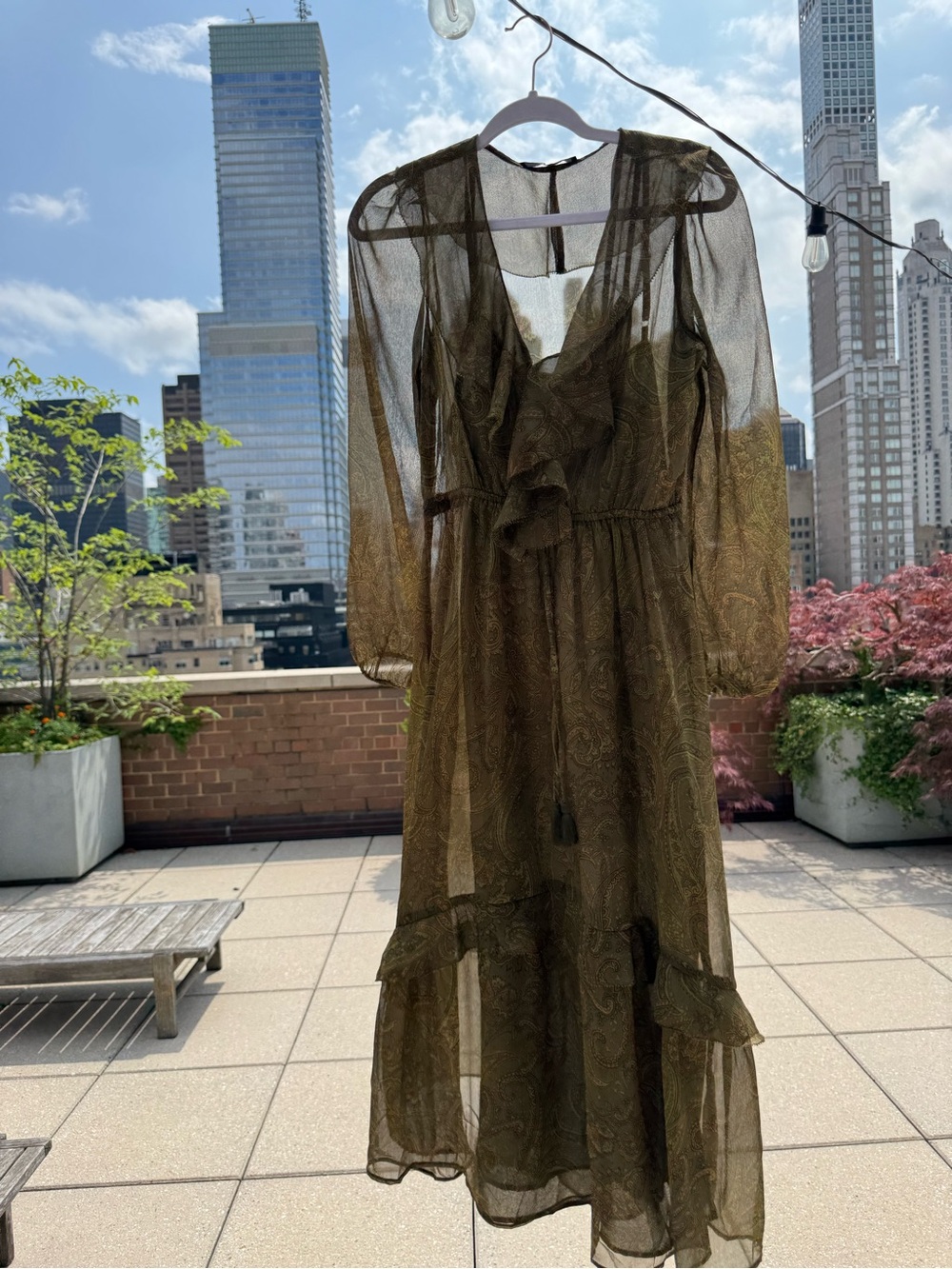 Mango Olive Green Sheer Ruffle Midi Dress